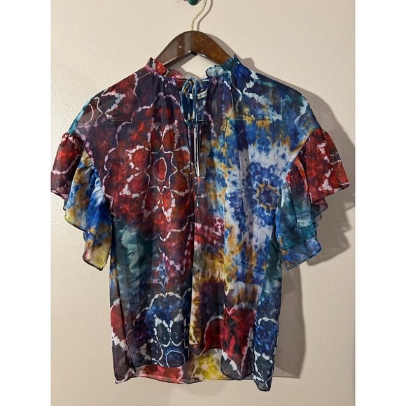 Alice + Olivia Red and Blue Ruffled Blouse with Mandarin Collar nwt - Picture 1 of 6